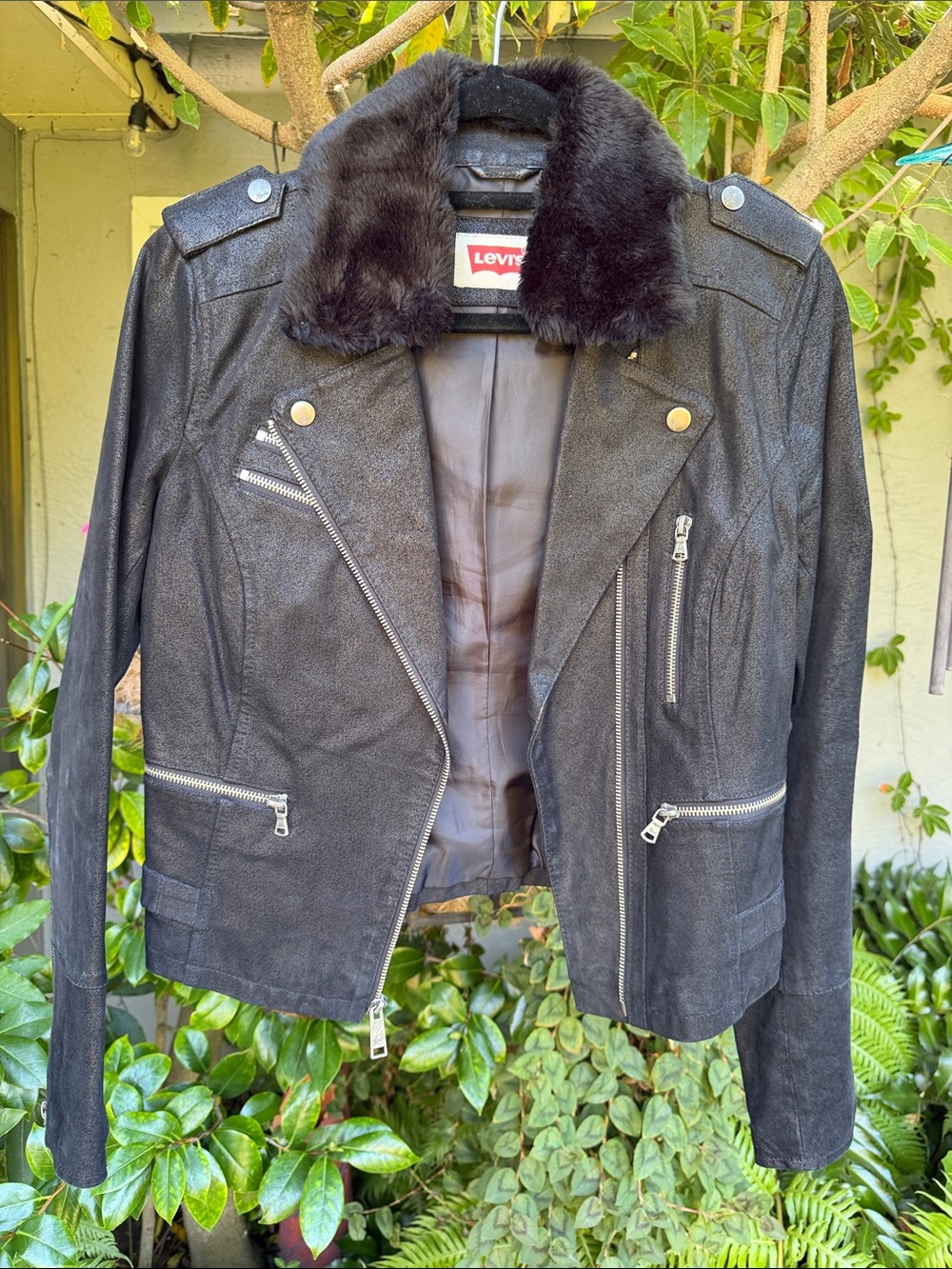 Levi's Black Leather Moto Jacket with Plush Black Faux Fur Collar